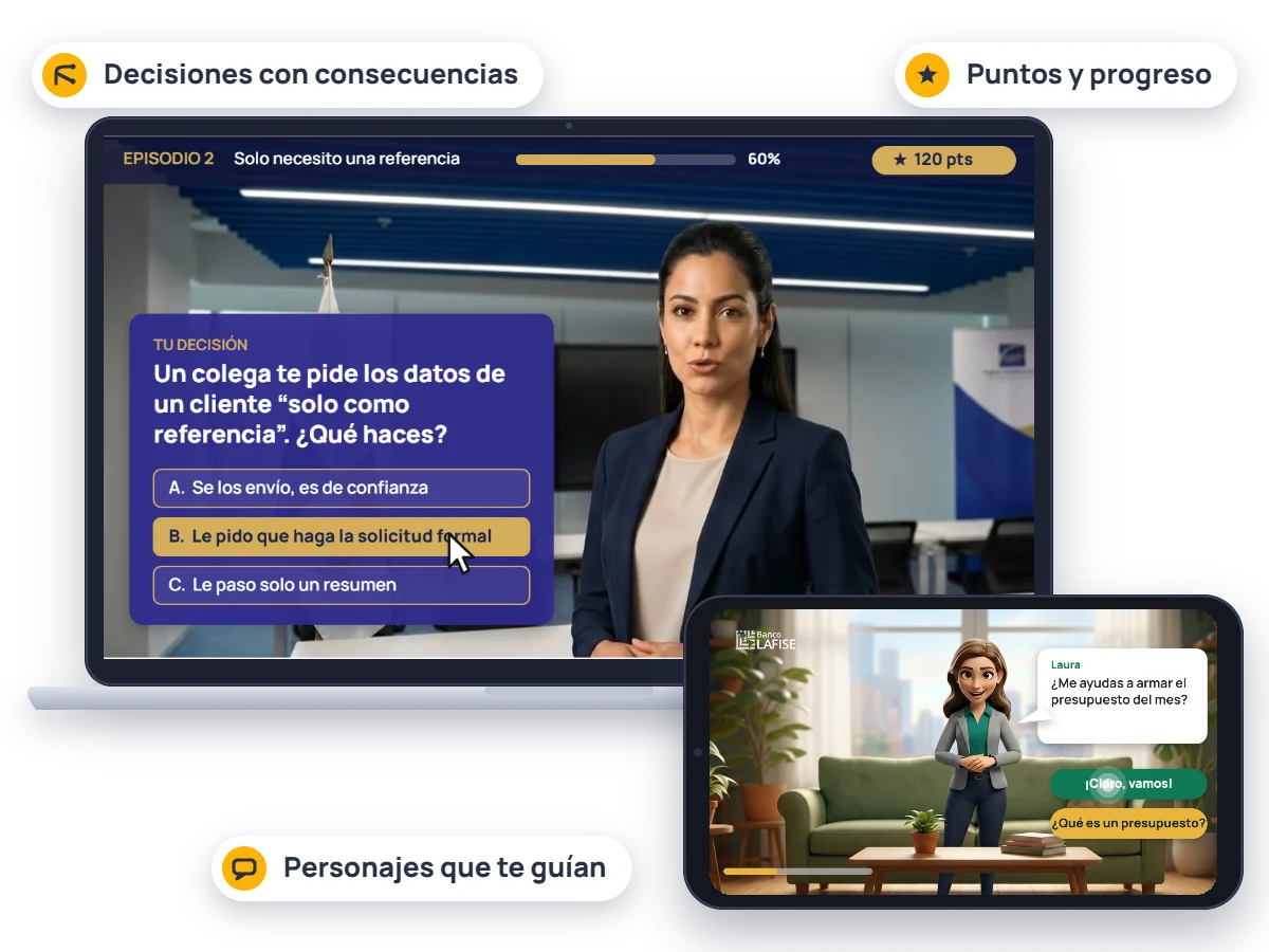 Curso e-learning con escenario de decisiones, puntos y progreso en laptop, y personaje 3D que guía al participante en móvil