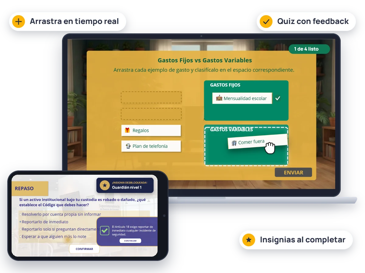 Actividad de arrastrar y clasificar en laptop, y quiz con retroalimentación e insignia desbloqueada en móvil